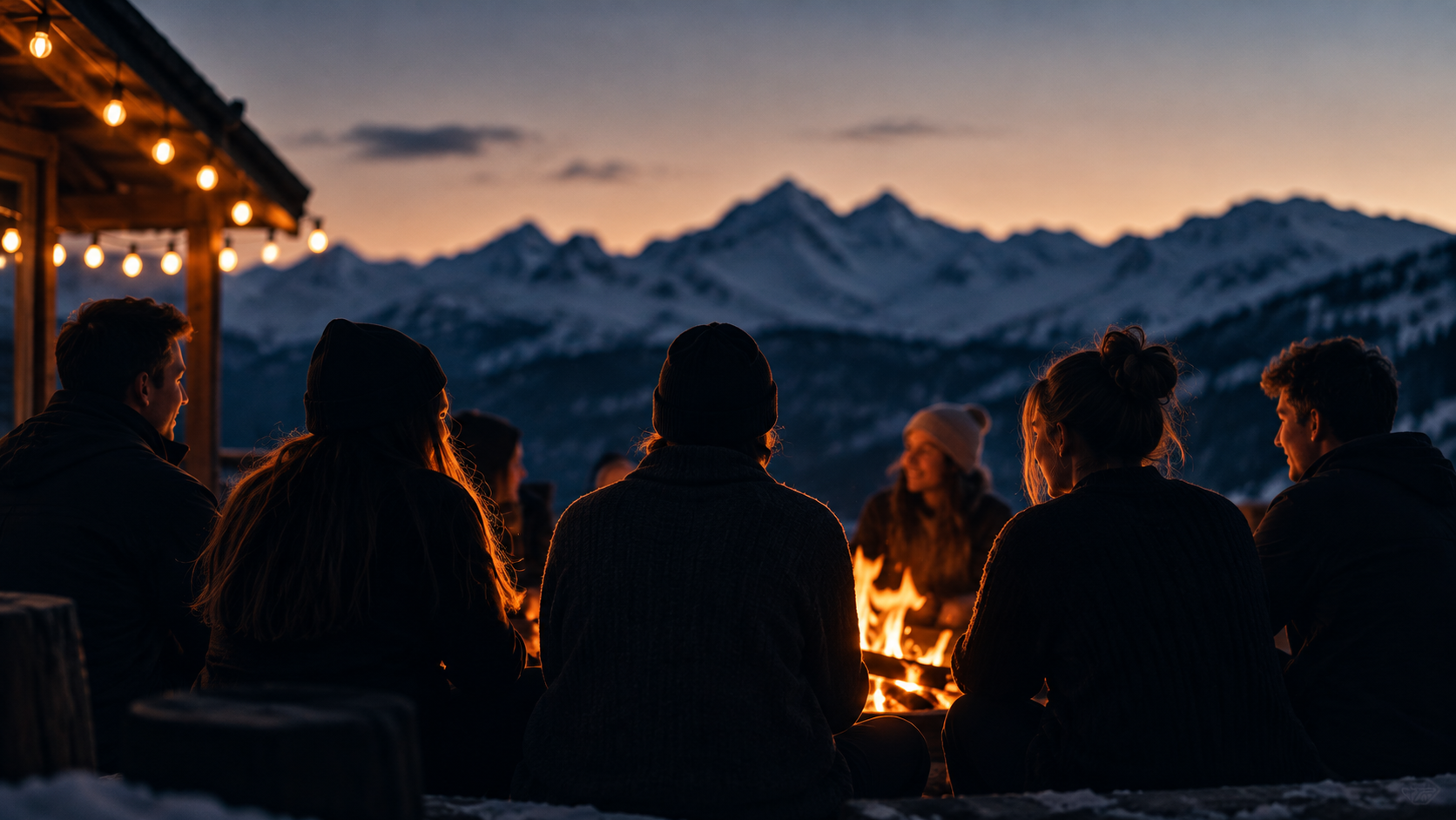 Friends gathered around a warm fire in the mountains